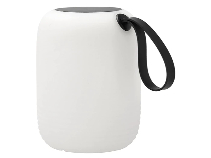 En hvid, cylindrisk bærbar lampe med en sort top og et sort bærehåndtag på siden.