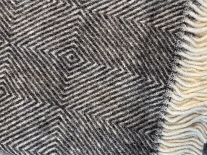 Et nærbillede af et struktureret tæppe med et sort og hvidt geometrisk zigzagmønster og frynsede cremefarvede kanter.