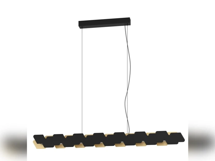 Moderne pendel med et rektangulært sort loftsmontering og to kabler, der hænger en række forskudte firkantede paneler i sort og guld.