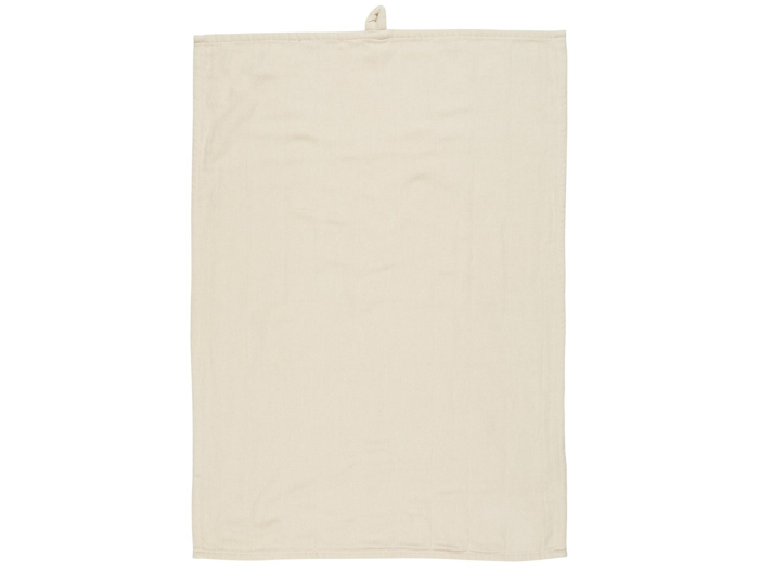 Et almindeligt, rektangulært beige køkkenhåndklæde med en lille løkke til ophængning øverst i midten.
