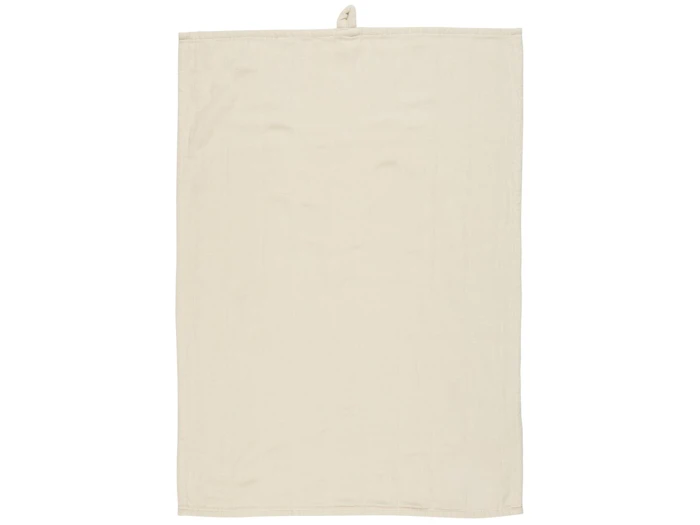 Et almindeligt, rektangulært beige køkkenhåndklæde med en lille løkke til ophængning øverst i midten.