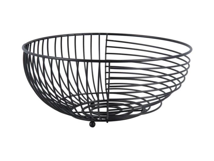 En rund, sort frugtkurv af ståltråd med et åbent design, der hviler på en lille cirkulær base, fotograferet mod en hvid baggrund.