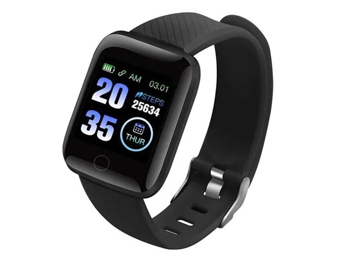 Motionsur, sort, med skridttæller, pulsmåler mv.