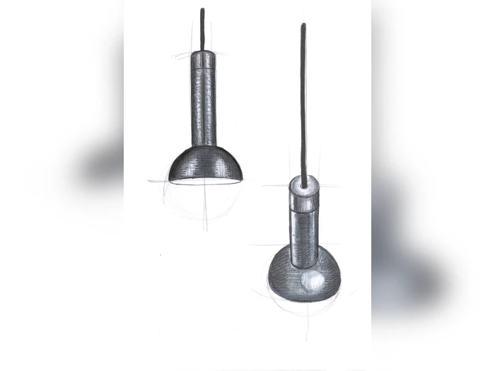 Håndtegnede skitser af en moderne hængende pendel, vist fra siden og oppefra, med skygger for at indikere metallisk tekstur.