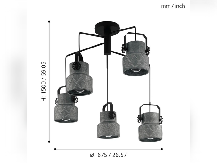 Sort loftsarmatur med fem hængelamper i industriel stil; målene viser højde 1500 mm og diameter 675 mm.