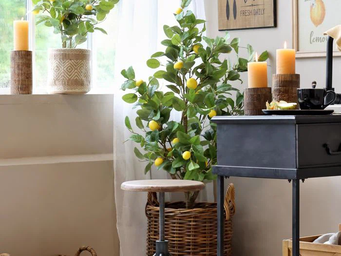 Et hyggeligt rum med et citrontræ i en flettet kurv, stearinlys, et sort bord med en kop og en tallerken, og sollys, der strømmer ind gennem et vindue.