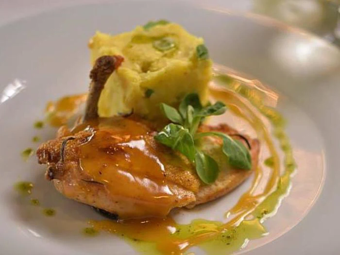 Anrettet stegt kyllingebryst med brun sauce, serveret med en firkantet skefuld kartoffelmos og pyntet med friske krydderurter og grøn oliedrys.