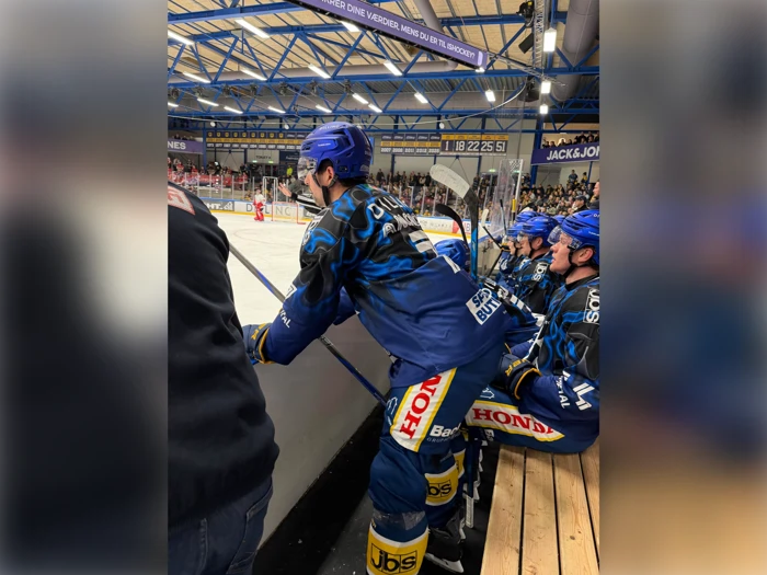Ishockeyspillere i blå trøjer sidder og står i holdets bænkområde under en kamp i en indendørs arena. Der ses tilskuere i baggrunden.
