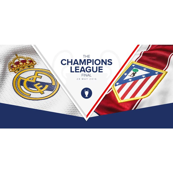 Champions League-finale 2016-grafik med Real Madrids og Atlético Madrids våbenskjolde på hver side og kampdatoen, 28. maj 2016, i midten.