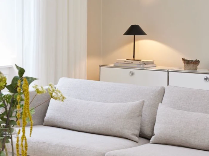 En minimal stue med en lysegrå sofa, et hvidt skab med en sort lampe og to bøger samt en blomstervase i forgrunden.