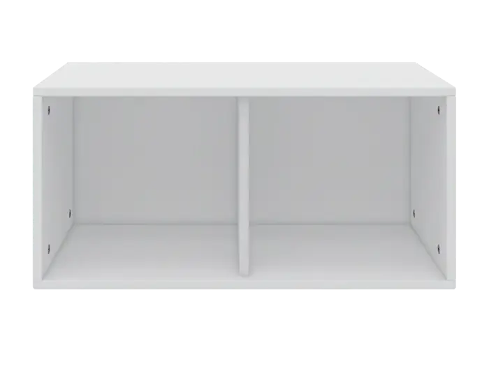 En hvid rektangulær hylde med to åbne rum, adskilt af en lodret skillevæg, set forfra.