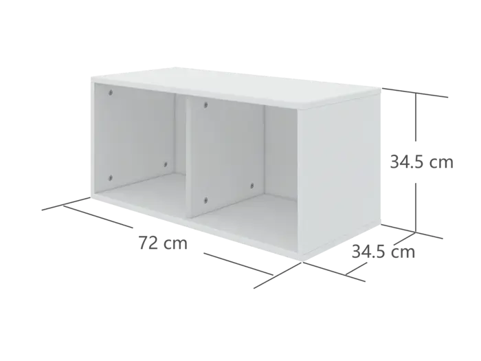 Hvid rektangulær hylde med to rum, der måler 72 cm i bredden, 34,5 cm i højden og 34,5 cm i dybden, vist med målstreger.