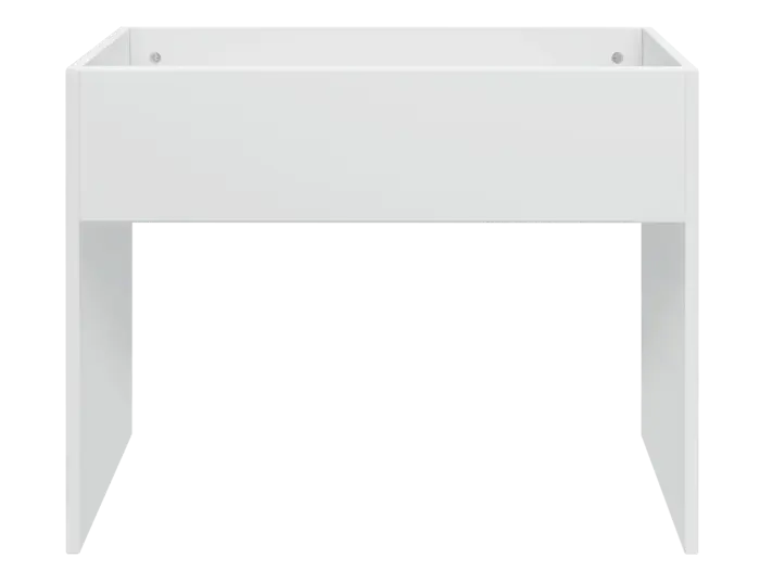 Et hvidt rektangulært bord med lige ben og et minimalistisk design, vist på en ensfarvet baggrund.