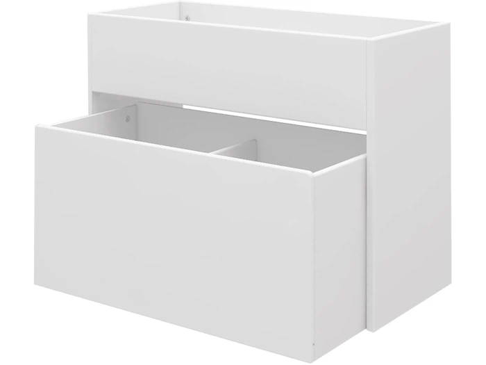 Et hvidt, moderne, rektangulært skab med to skuffer; den nederste skuffe er delvist åben og viser det enkle, minimalistiske design.