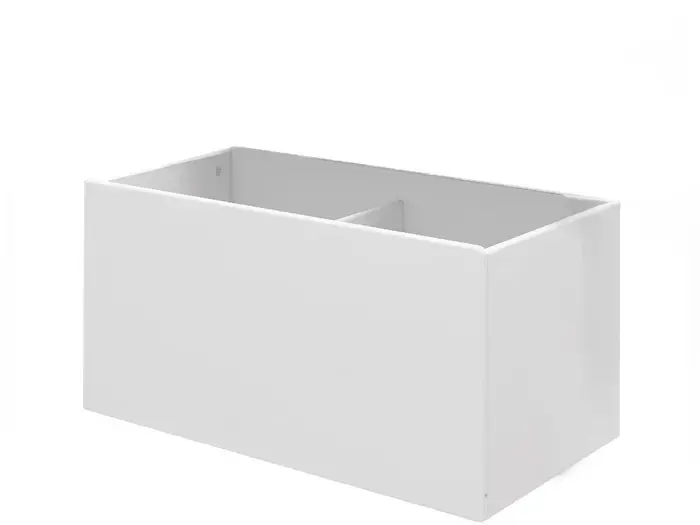 Hvid, rektangulær, åben kasse med en skillevæg i midten, placeret på en ensfarvet hvid baggrund.