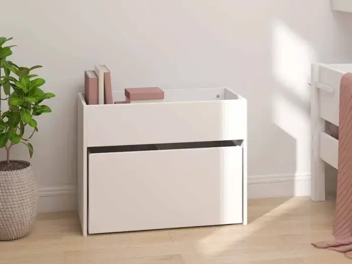 En hvid, moderne opbevaringskasse rummer tre bøger og en rektangulær genstand og står ved siden af en grøn potteplante på et lyst trægulv i et lyst, minimalistisk rum.