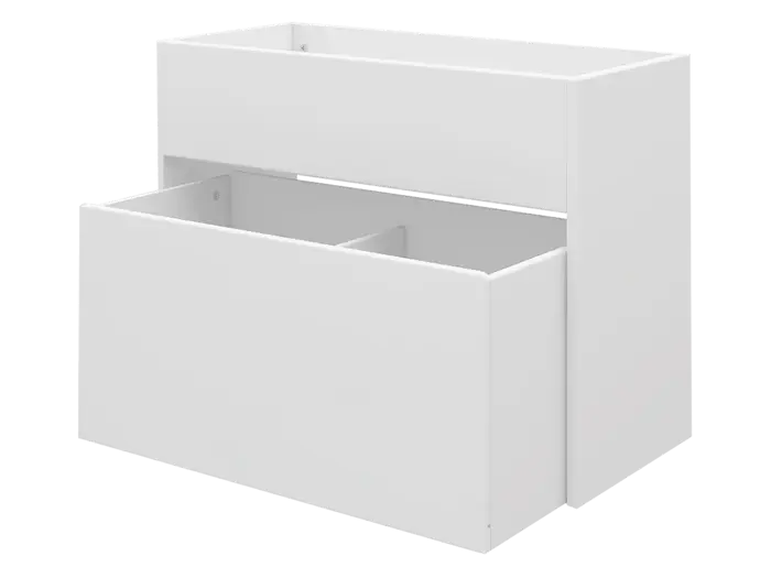 Et hvidt, moderne to-skuffeskab med den nederste skuffe åben og den øverste skuffe lukket, vist mod en ensfarvet baggrund.