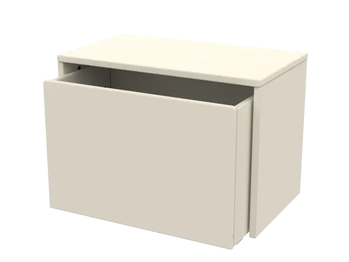 Et beigefarvet rektangulært skab med en enkelt stor skuffe, der er delvist åben, vist på en sort baggrund.