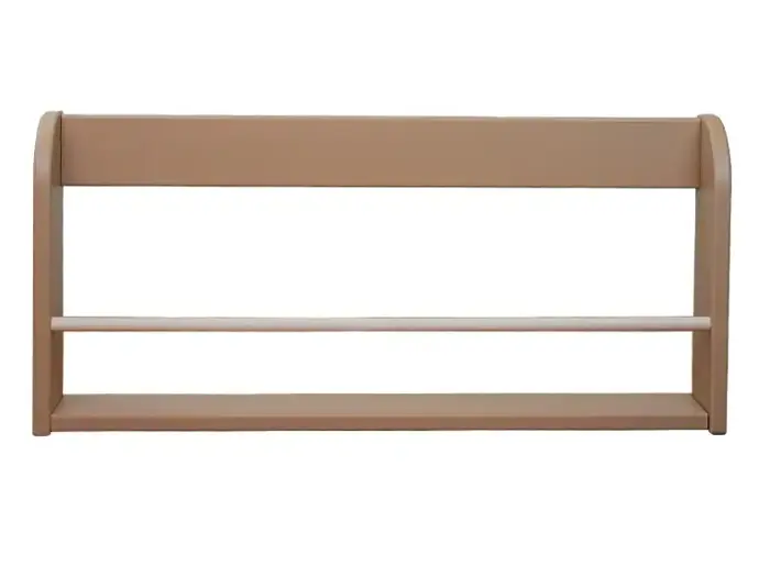 En enkel, lysebrun væghylde i træ med to vandrette stænger, designet til at holde eller udstille ting.