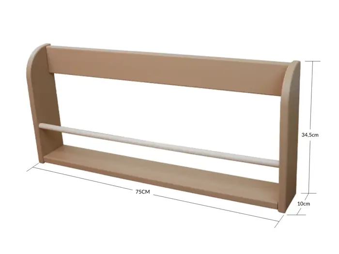 En beige væghængt reol med en enkelt hvid stang, der måler 75 cm i bredden, 34,5 cm i højden og 10 cm i dybden.