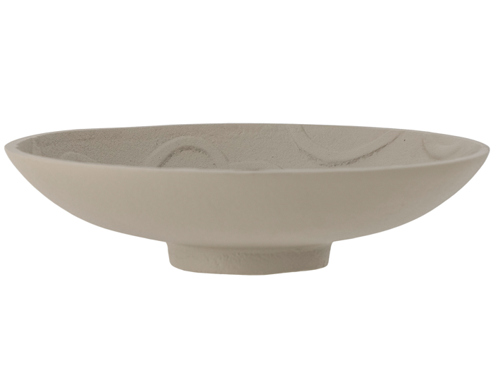 En lav, rund, beige keramikskål med en lille, hævet bund og en struktureret, mat overflade.