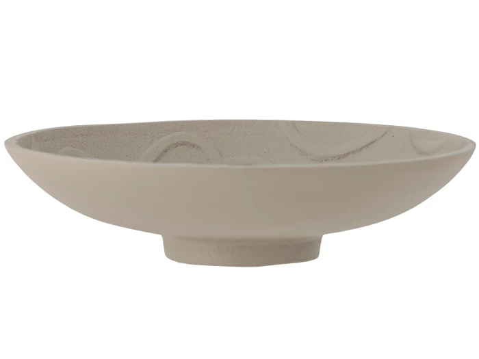 En lav, rund, beige keramikskål med en lille, hævet bund og en struktureret, mat overflade.