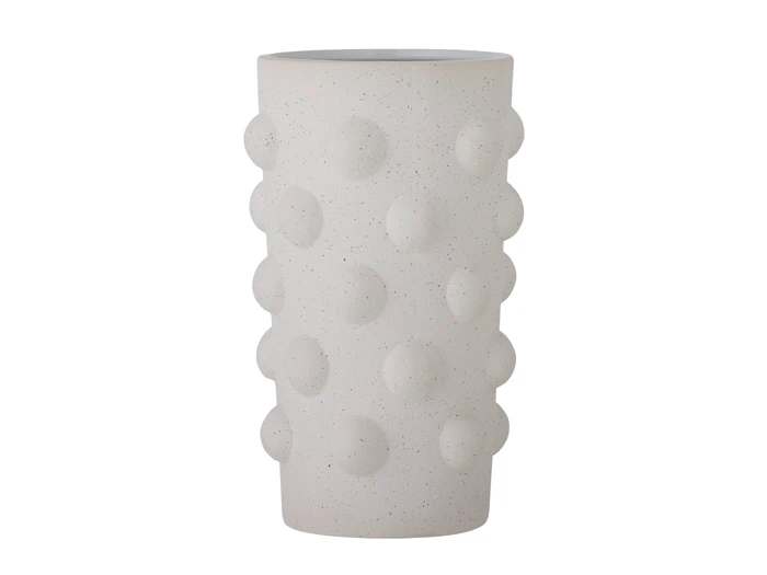 Høj, cylindrisk hvid vase med en mat finish og hævede, jævnt fordelte runde buler, der dækker overfladen.