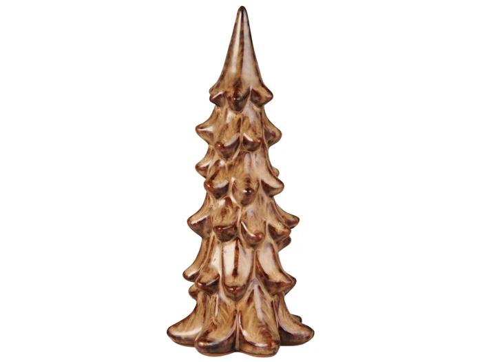 Et keramisk ornament formet som et fyrretræ med en blank brun finish og teksturerede grene på en almindelig hvid baggrund.