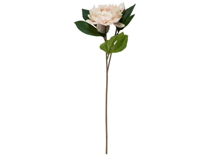 En enkelt lyserød kunstig blomst med lagdelte kronblade, grønne blade og en lang brun stilk på en hvid baggrund.