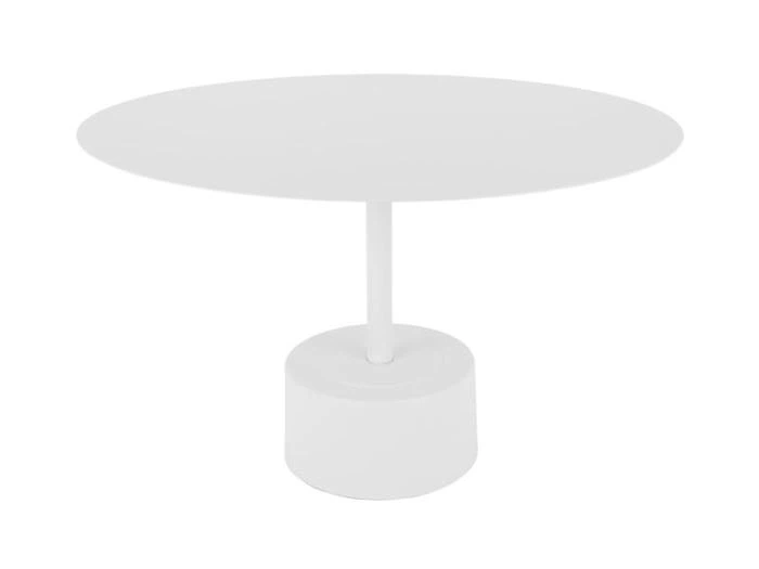 Et moderne, rundt hvidt bord med en enkelt central piedestal og en cylindrisk base, der står på en almindelig hvid baggrund.