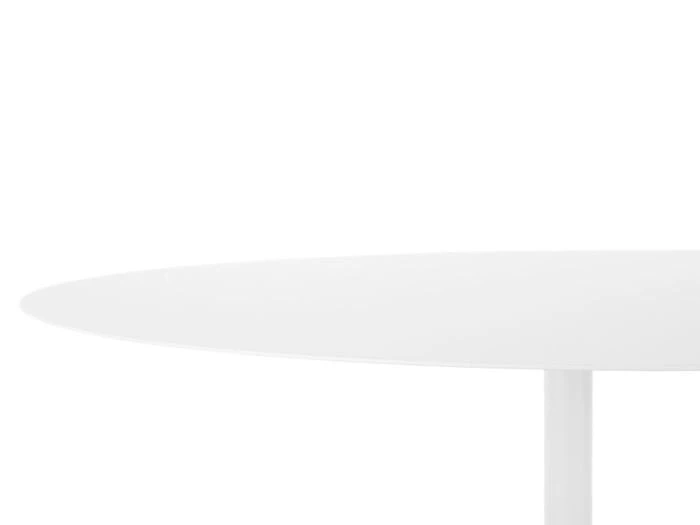 Et nærbillede af kanten og benet på et rundt hvidt bord mod en almindelig hvid baggrund.