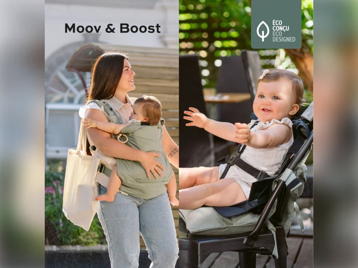 En kvinde bærer et spædbarn i en grøn bæresele; til højre sidder det samme spædbarn og smiler i en bærbar selepude. Teksten »Moov & Boost« og »Eco Designed« vises.