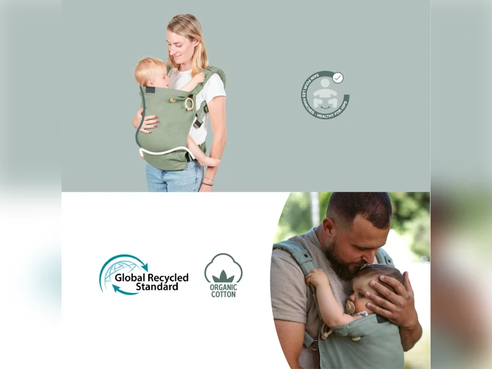 En kvinde og en mand bærer hver især et spædbarn i grønne bæreseler. Logoerne angiver, at materialerne opfylder Global Recycled Standard og er fremstillet af økologisk bomuld.