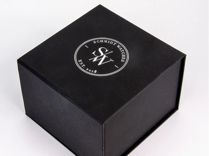 En sort æske med et rundt hvidt logo på toppen, hvor der står Schmidt and Wander med initialerne S W og Est. 2018 i midten.