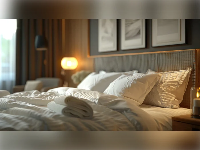 En hyggelig, pænt redt seng med hvidt sengetøj og foldede håndklæder, varm belysning og indrammet kunst på væggen i et moderne soveværelse.