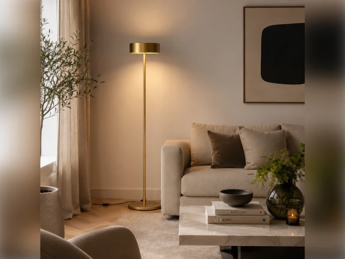 En høj gulvlampe med guldfinish står ved siden af en sofa i neutrale farver og et sofabord af marmor, der er pyntet med bøger og en vase.