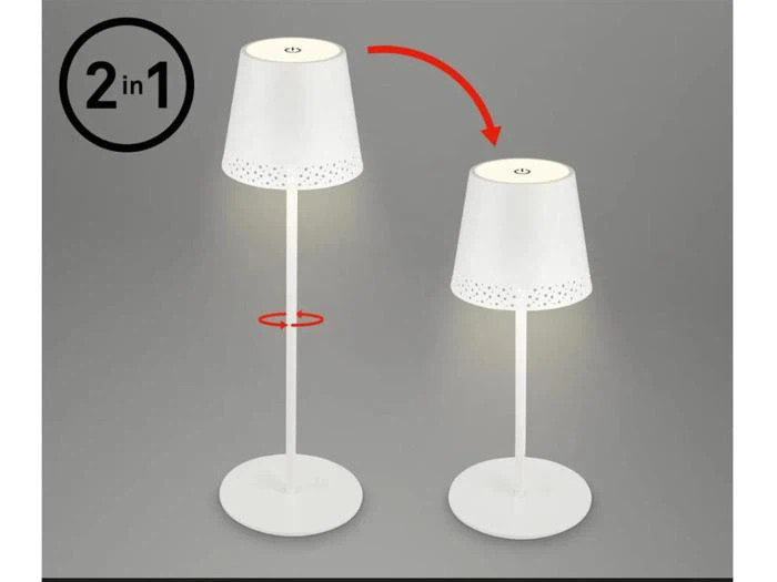 Hvid justerbar lampe med touch-knap, vist som en høj gulvlampe og en forkortet bordlampe, med en rød pil, der illustrerer højdejustering. 2 i 1 tekst i øverste venstre hjørne.