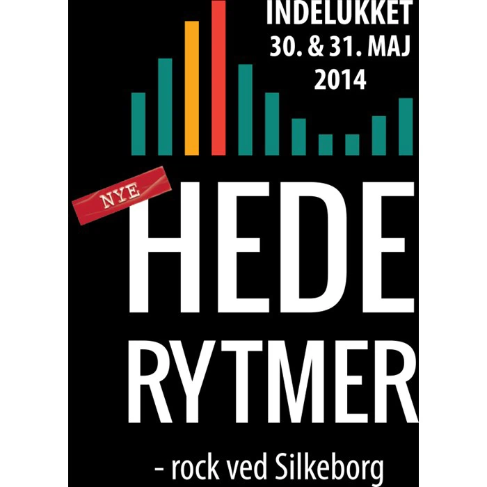Plakat for Hede Rytmer musikfestival i Silkeborg, Danmark, dateret 30. og 31. maj 2014, med farverige lydbjælker og fed tekst på sort baggrund.