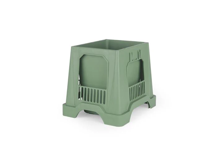 En grøn, rektangulær plastkrukke med en hævet platform og åbne sidepaneler, designet til udendørs brug eller i haven.