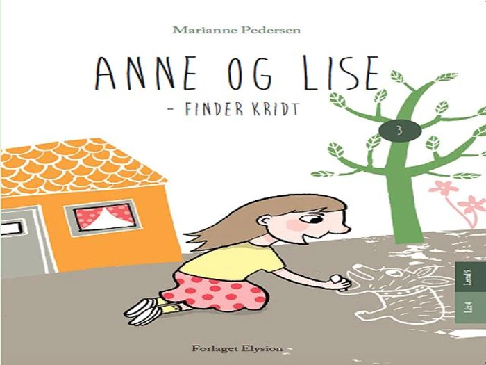 En pige tegner med kridt på jorden ved siden af et hus og et træ. På bogens omslag står der Anne og Lise - Finder Kridt af Marianne Pedersen.