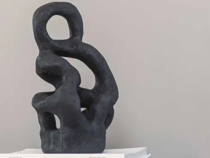 En sort abstrakt skulptur med buede, sammenflettede former og åbne rum, placeret på en stak hvide papirer mod en almindelig grå baggrund.