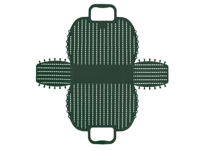 En grøn, sammenklappelig grydesi i silikone med håndtag på hver side, lagt fladt for at vise den perforerede overflade og det fleksible design.