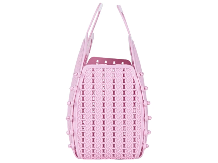 En pink plastkurv med gittermønster og to håndtag, set fra siden.