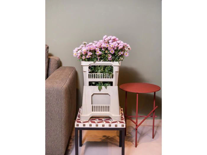 En hvid kasse fyldt med lyserøde og hvide blomster står på et mønstret bord ved siden af et lille rødt sidebord og en grå sofa mod en grøn væg.