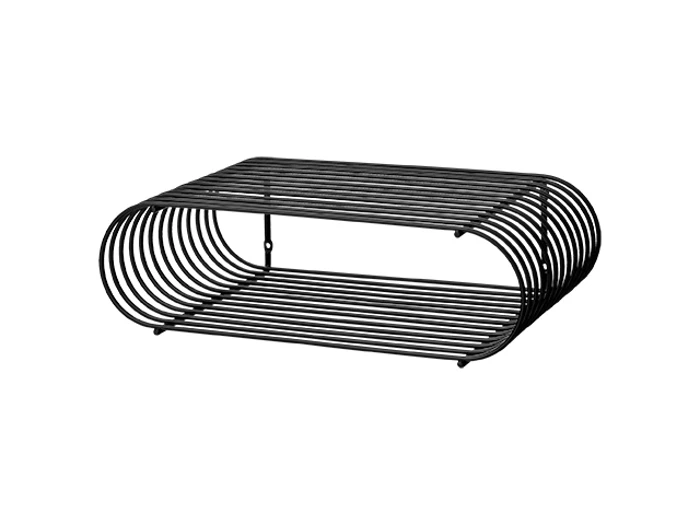 Hylde af sort metaltråd med oval form og åbne sider, designet til vægmontering eller bordplade, fotograferet på en hvid baggrund.