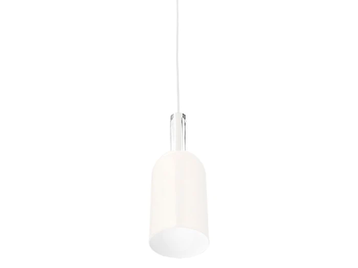 En moderne hvid pendel med en cylindrisk skærm, der hænger i en ledning mod en almindelig hvid baggrund.