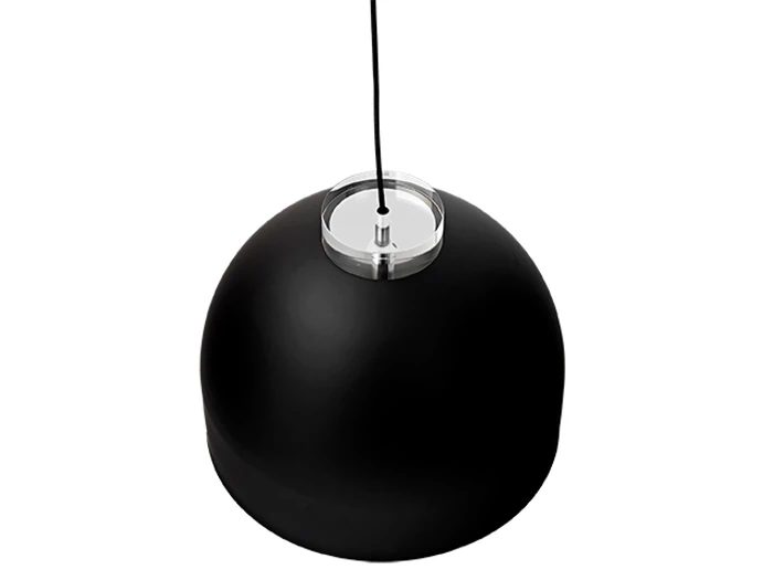 En sort kuppelformet pendel hænger fra en tynd sort ledning med en klar cirkulær vedhæftning i toppen.