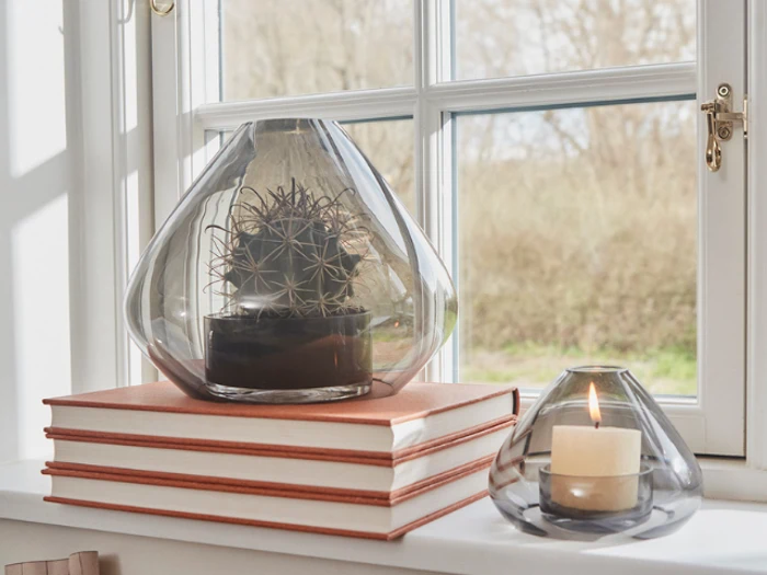 En kaktus i et glasterrarium står på stablede bøger ved siden af et tændt stearinlys i en glasholder i vindueskarmen.