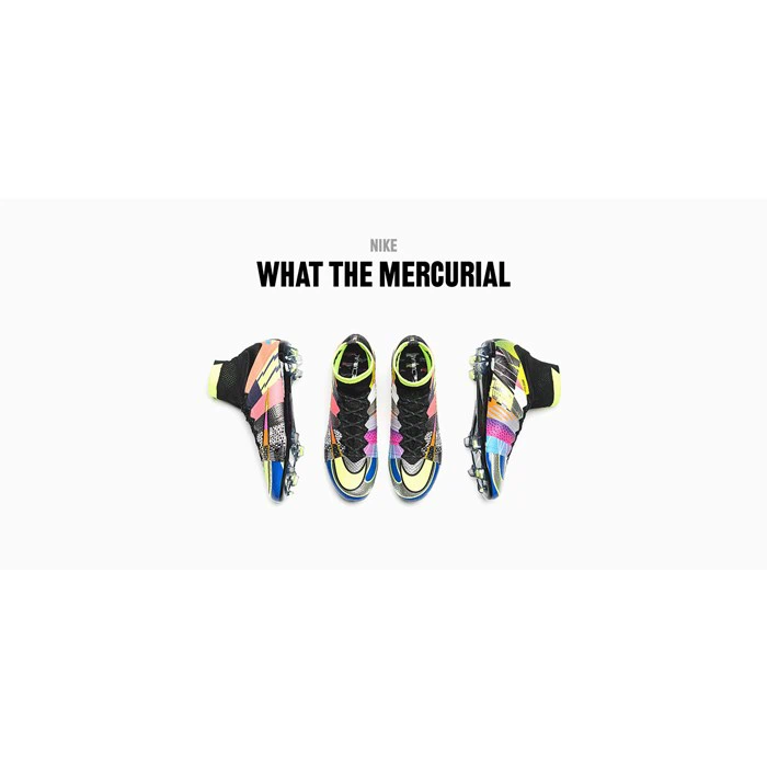 To flerfarvede Nike Mercurial-fodboldsko vises side om side under teksten NIKE WHAT THE MERCURIAL på en hvid baggrund.