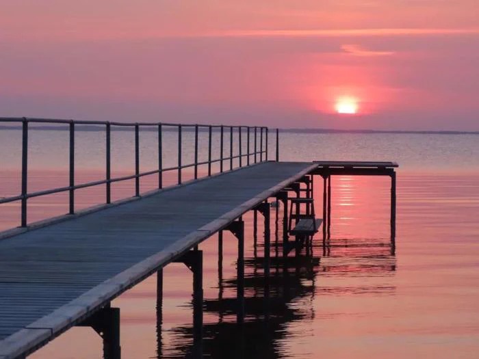 En træmole strækker sig ud over roligt vand ved solnedgang med lyserøde og lilla nuancer på himlen og refleksioner på overfladen.